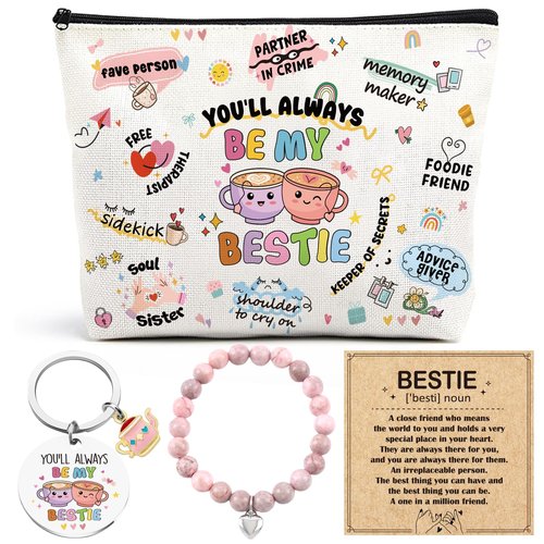 VeloKomo Bestie Gifts for Women - 3 Pcs Friendship Set with Aesthetic Makeup Bag Cute Keychain and Bracelet Travel Accessories Christmas New Year Vacation Birthday Gift for Best Friend Soul Sister