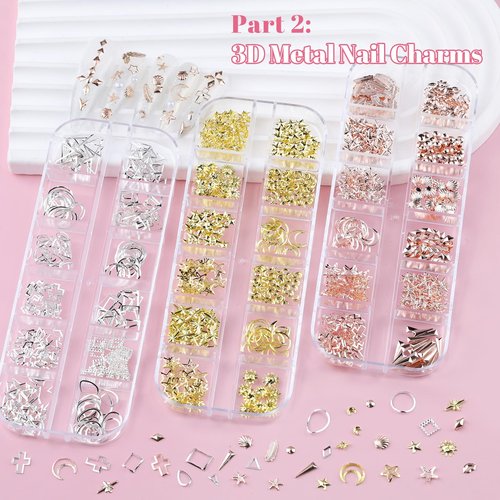 Kikonoke 10 Boxes Nail Art Kit - 12 Colors Pointed/Flatback Rhinestones, 3D Gold/Silver/Rose Nail Studs, White Beige Half Pearls, Holographic Glitter & Foils + 3 Tools for DIY Nail Art Jewels & Crafts