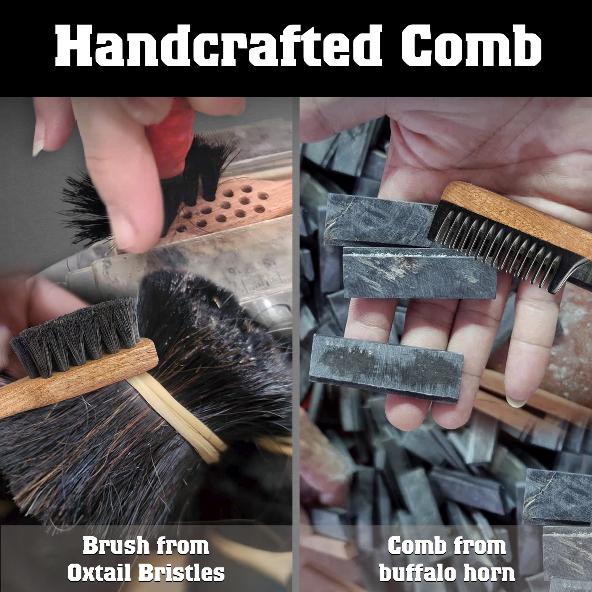 Vtuna 2-in-1 Beard Comb & Brush - Mustache & Beard Comb for Men. Handcrafted from Solid Wood, Buffalo Horn, and Cow Tail Hair. Comes in a Box, Perfect for Gifting.