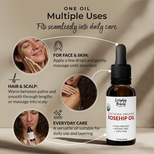 Organic Rosehip Seed Oil | 100% Pure, Cold-Pressed, Unrefined | USDA Certified Organic | Amber Glass Bottle with Glass Dropper | For Face, Skin & Hair - 1 Fl Oz