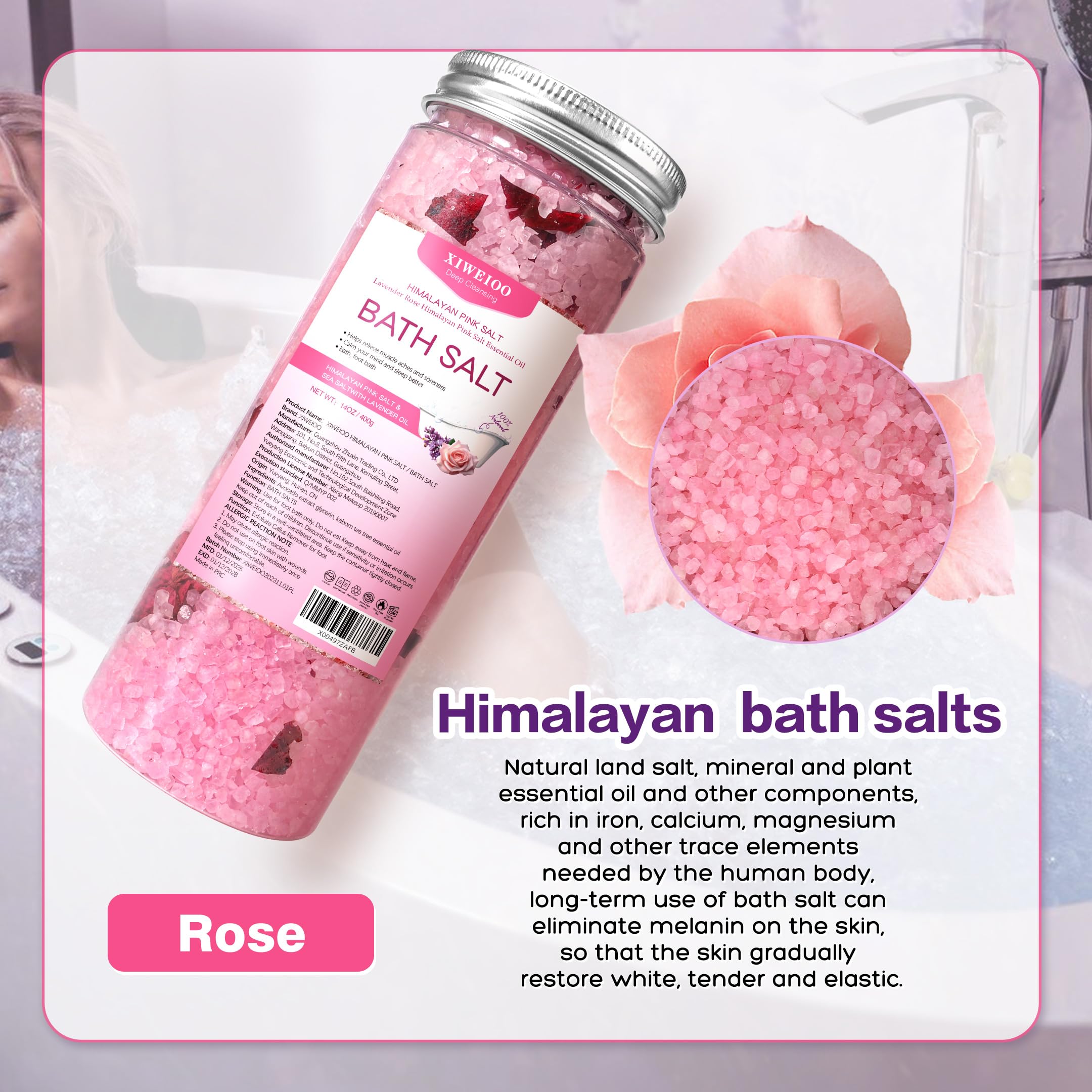 XIWEIOO Bath Salts Kit Pack of 3 Natural Himalayan Pink Salt Bath Salts Gift Set Soak Tea Tree Oil for Women Bath Sea Salts - Relaxing - Epsom Salt - Body Spa Care Relaxing Soaks
