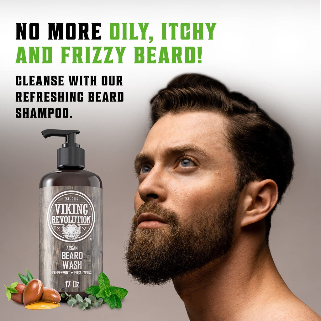 Viking Revolution Beard Wash & Conditioner Set w/Argan & Jojoba Oils – Softens, Smooths & Strengthens Beard Growth - Natural Peppermint and Eucalyptus Scent - Shampoo (17 oz)