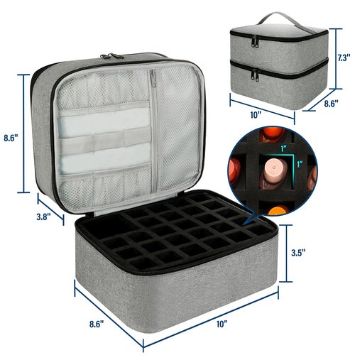 LIVEBAY Nail Polish Organizer Bag, Double-Layer Nail Supplies Organizer Holds 30 Bottles & Nail Lamp, Professional Nail Kit Storage Carrying Case (Gray)
