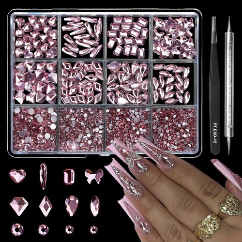 Cycullinyt 1660Pcs Pink Nail Art Rhinestones: 8 Types of Multi Shapes Diamonds + 4 Sizes Flatback DIY Crafts Rhinestone Crystals 3D Glass Stones Set + Tweezer + Pickup Pen