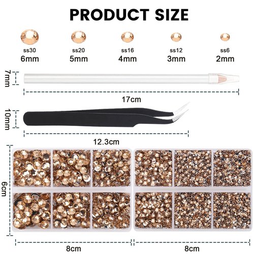 AUREHEN 10000PCs 2-6MM Champagne Resin Flat Back Rhinestones, Round Non Hotfix Resin Rhinestones Nail Gems Stones with Tweezer & Picker Pen for Tumblers Nail Art & DIY Decoration