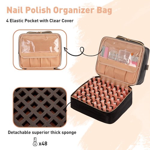 KGMCARE Nail Polish Organizer Case, Nail Supplies Storage Holds 60 Bottles Nail Polish & Nail Lamp Gel Nail Travel Carrying Bag for Nail Kit (Black)