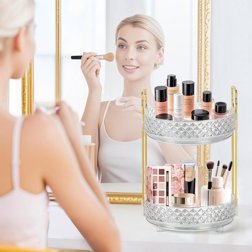LAREKUN 360 Rotating Makeup Organizer for Vanity, 2Tier Adjustable Perfume Organizer for Dresser, Multi-Function Spinning Cosmetics Skincare Storage for Bedroom, Dresser, Countertop, Clear