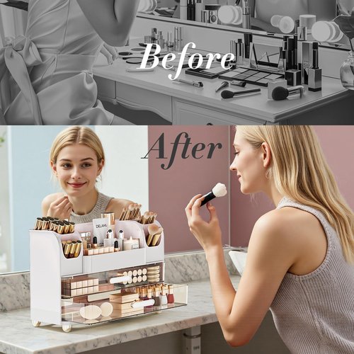 Delamu Makeup Organizer Countertop with 6 Brush Holder, Bathroom Countertop Organizer with 2 Large Drawers, Cosmetic Display Case for Vanity, Ideal Christmas Gifts for Women Girls, Light White