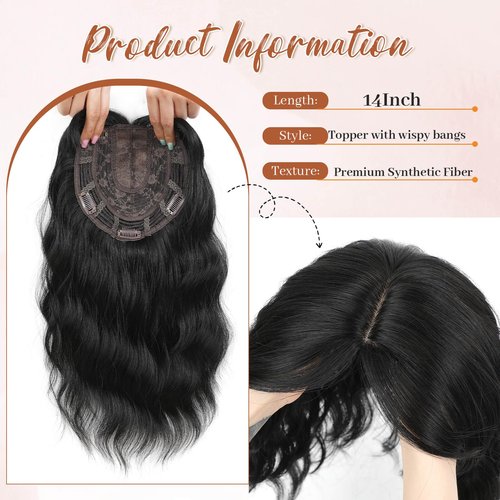 Hair Topper,Wavy Hair Toppers for Women 14inch Natural Looking Hairpiece with Wispy Bangs, Volume Booster Wiglet for Full Coverage, Quick Styling for Party/Date Night/Social/Content Creators