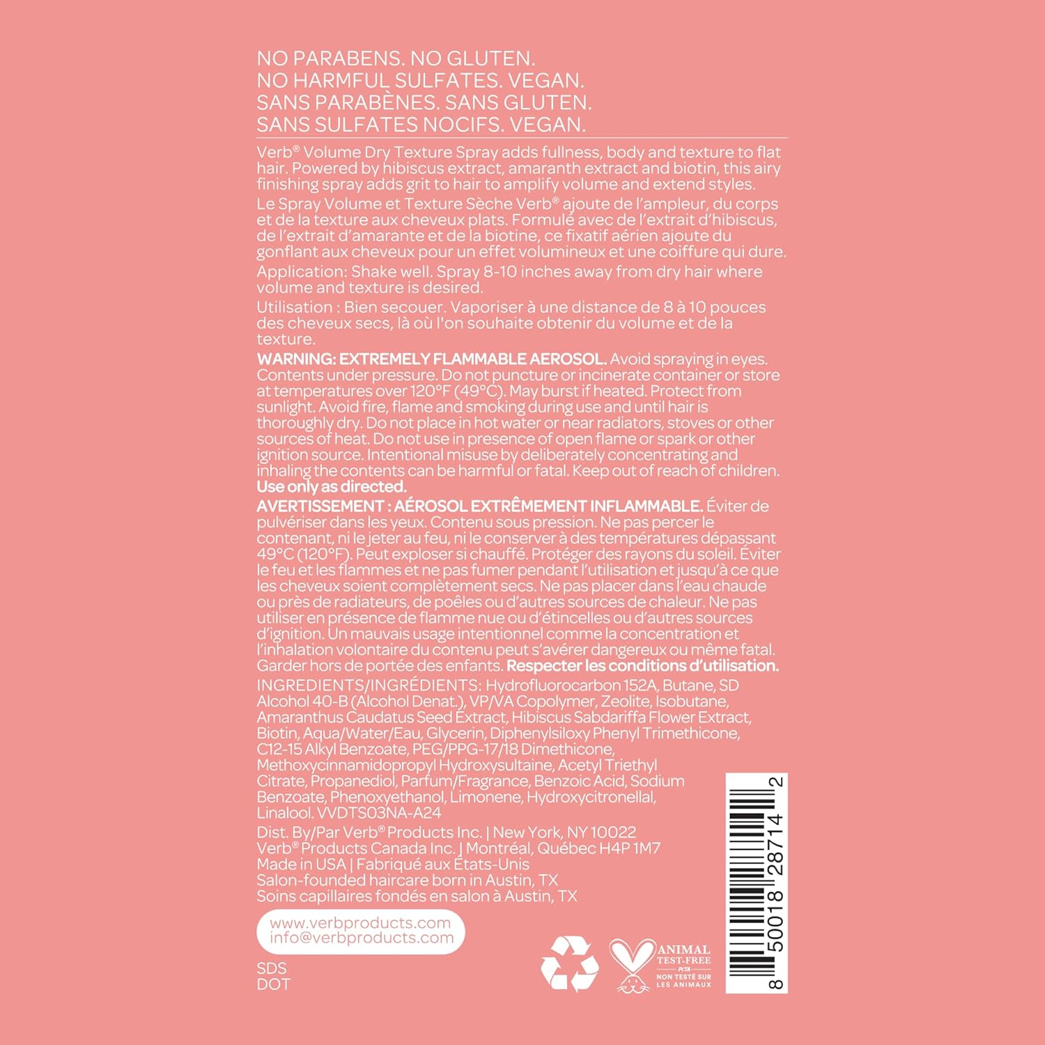 VERB Volume Dry Texture Spray - Boost Volume & Fullness with Weightless Grit - Sulfate & Paraben Free