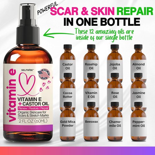 Organic Vitamin E Oil - Scar & Stretch Mark Treatment with Castor, Rosehip, Jojoba | Hydrating Face & Body Oil