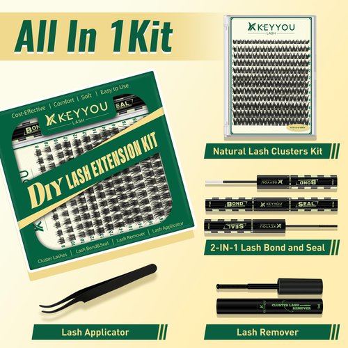 KEYYOULASH Lash Clusters Kit Thick 120pcs 8-18MIX Lash Extension Kit Volume Lash Clusters with Bond and Seal,Remover,Applicators for DIY Eyelash Clusters at Home (KY01 Kit)