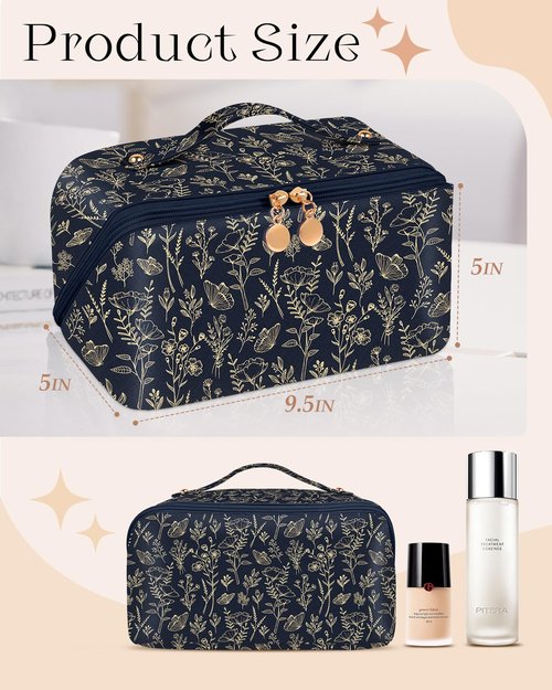 Bistup Makeup Bag Travel Cosmetic Bag Toiletry Make Up Bags Cute Women Large Capacity Big Medium Leather Black and Gold Floral Aesthetic Girl Teen Teenage Foldable Expandable Open Flat Zip