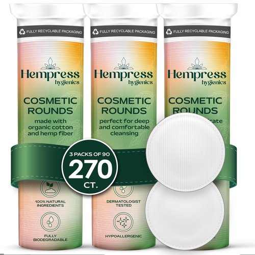 Hempress Hygienics Organic Cotton Rounds for Face, Exfoliating & Gentle Makeup Remover Pads, Perfect for Cleansing, Toning, Refreshing and Applying Skincare, Vegan and Hypoallergenic (270 Count)