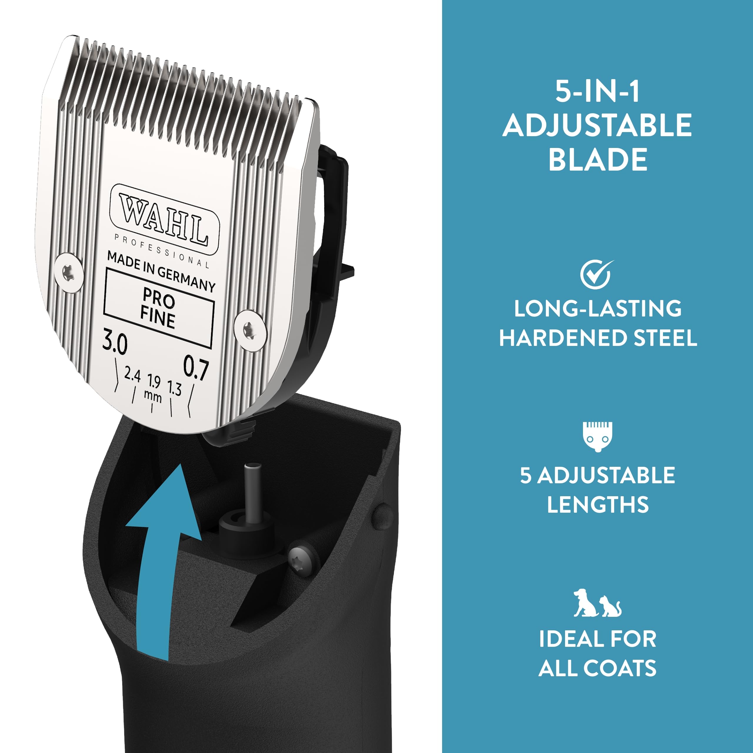 Wahl Professional Animal 5-in-1 Pro Adjustable Clipper Blade - for Arco, 5 Style Groom, Bravura, Chromado, Creativa, Figura & Motion Clippers - Replacement Blades - Silver