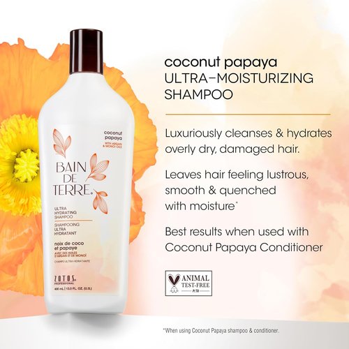 Bain de Terre Coconut Papaya Shampoo - Ultra Hydrating Formula for Dry, Damaged Hair | Paraben-Free & Vegan