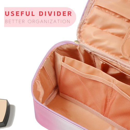 Meiyuuo Large Makeup Bag Portable Preppy Rainbow Colour Travel Pro Cosmetic Pouch Cute Cow Print Personalized Toiletry Organizer with Removable Divider for Women Initials Letter A Gradient Pink