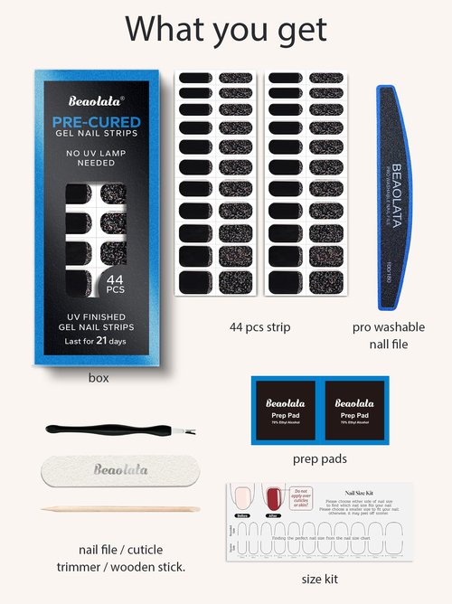 Beaolata Real Gel Nail Strips (No UV Light Needed) - 44Pcs Salon Quality Nail Stickers - Long Lasting Polish Wraps for Women, Easy Apply & Remove (Midnight Shimmer Black)