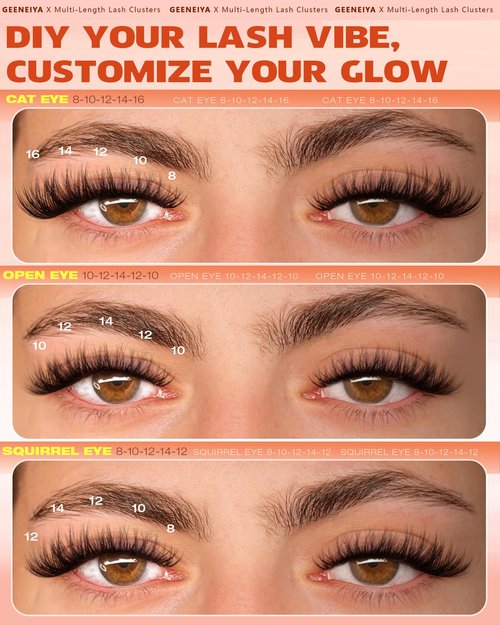 Geeneiya Fluffy Lash Clusters 8-16mm, Natural 3D Fluffy Effect Eyelash Clusters, C Curl DIY Cluster Eyelash Extensions for Salon-Like Lashes at Home
