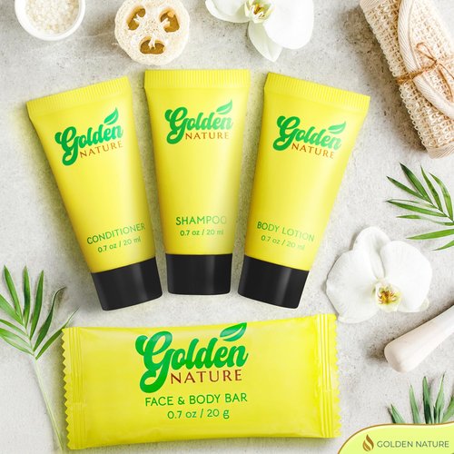 Golden Nature - Travel Size Hotel Toiletries Bundle - Jasmine, 0.7 oz each, 200 Pcs - 4-Piece Set: 50 Rectangular Bar Soap, 50 Shampoo, 50 Conditioner & 50 Body Lotion - Bulk Small Toiletries