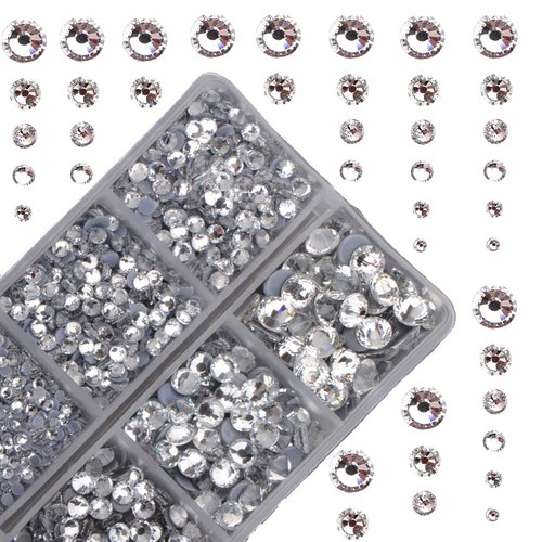 10000Pcs 2-Boxes Mixed Size Hot Fix Round Crystals Gems Glass Stones Hotfix Flat Back Rhinestones with Tweezers and Picking Pencil (Clear Crystal)