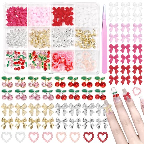 Pink 3D Nail Gems Charms Y2K, Silver Gold Cherry Bow Nail Charms, Heart Bowknot Nails Art Charms, Red White Pink Nail Bow Charms for Nail Art Design DIY with Tweezers