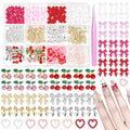 Pink 3D Nail Gems Charms Y2K, Silver Gold Cherry Bow Nail Charms, Heart Bowknot Nails Art Charms, Red White Pink Nail Bow Charms for Nail Art Design DIY with Tweezers