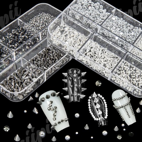 qiipii Metallic Black Silver 3D Mini Metal Punk Bullet Rivet Nail Charms Flat Bottomed Alloy Pointed Cone Spike Nail Art Rhinestones Pearls Gems Studs Steel Beads Balls for Acrylic Nails Goth Manicure