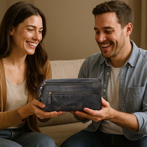 Full Grain Leather Toiletry Bag for Men & Women – Water-Resistant Travel Shaving Kit Organizer with YKK Zipper, Spacious Bathroom Grooming & Cosmetic Storage Case - Chalkboard Grey
