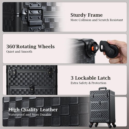 Stagiant Rolling Makeup Case with Drawers Cosmetology Case on Wheels 3 IN 1 Makeup Case 2 Drawers with Foot Stand Spring-release Mechanism Rolling Make Up Organizer for Artist Salon Nail Teach Trunk