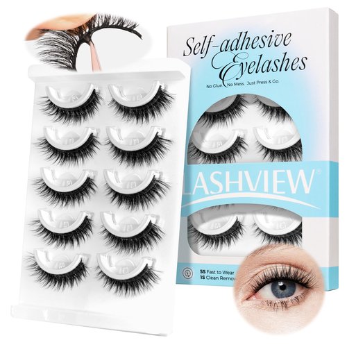 LASHVIEW Self Adhesive Eyelashes Natural Look, 5 Pairs Press On Lashes No Glue Need Eyelashes, Reusable Wispy False Lashes with Replacement Adhesive Strips (ZN122)