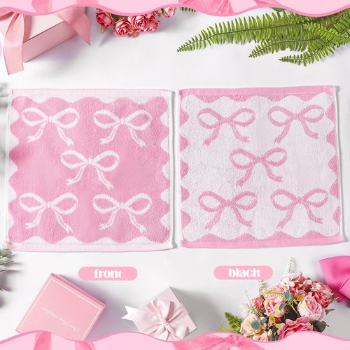 Coume 6 Pcs Pink Bow Washcloths 100% Cotton Wash Cloths 13" x 13" Coquette Small Face Towels Absorbent Soft Preppy Wash Cloths & Hand Bath Towels for Bathroom, Spa, Kitchen Drying Cleaning
