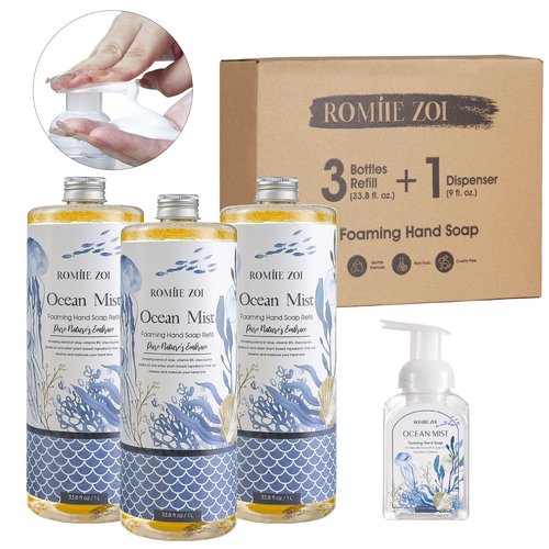 ROMIIE ZOI Hand Soap Refills, Foaming Hand Soap Natural Plant Moisturizing Handsoap Fragrance Ocean Mist - Soft Hand Wash for Kitchen & Bathroom - with Foam Soap Dispenser 1L/33.8oz Pack of 3