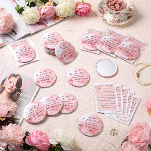 Cinnvoice 25 Sets Pink Inspirational Mini Compact Mirror Bulk for Women Small Portable Round Purse Mirrors Employee Appreciation Gift for Graduation Party Favors Coworker Nurse (May You)