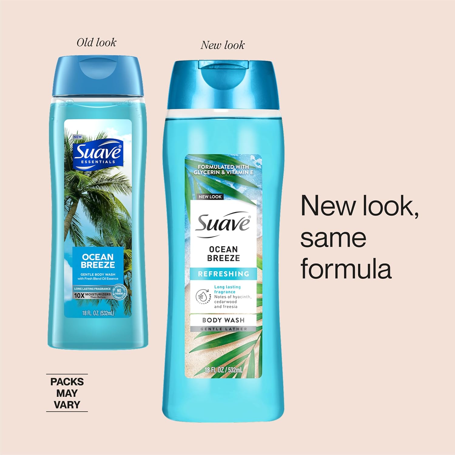 Suave Ocean Breeze Body Wash - Hydrating Glycerin & Vitamin E Formula for Soft Skin | 18 FL OZ, 6 Count