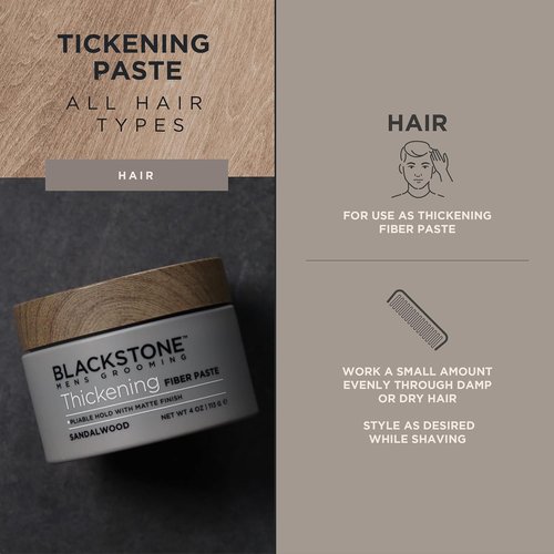 Blackstone Men's Grooming Thickening Fiber Paste Gel - Adds Volume & Pliable Hold | Paraben Free, Sandalwood (4 oz)