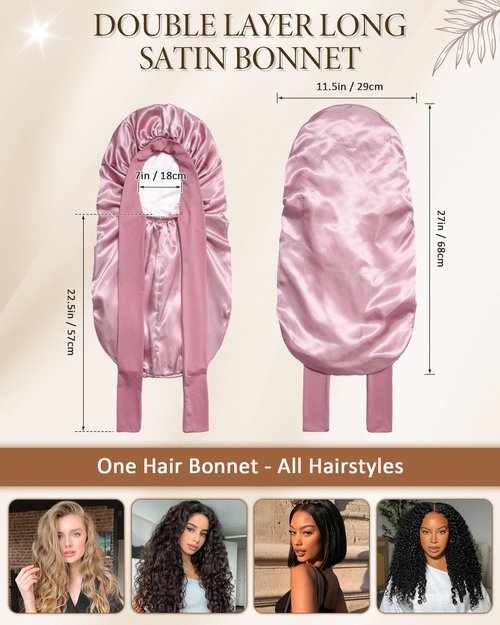 AWAYTR Long Satin Bonnet for Sleeping - Double Layer Reversible Silk Bonnet for Long Hair Women Sleeping Cap with Tie Band (Rose Gold+Pink)