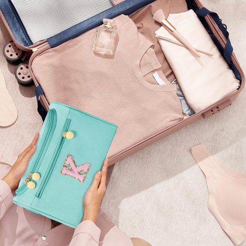 COSHAYSOO Travel Gifts for Women Travelers Trip Unique Initial Hanging Toiletry Bags, Personalized Gifts for Female Friend Friendship Wife Girlfriend Anniversary Bestie Birthday Party Favor Teal M