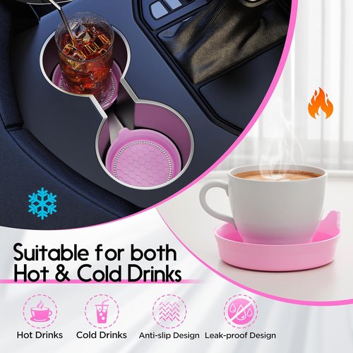 Amooca Car Cup Coaster - Universal Non-Slip Holders with Bling Crystal Rhinestones | 4 Pack Pink