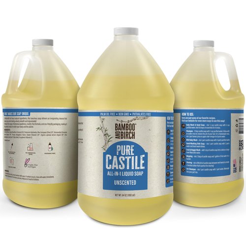 BAMBOO AND BIRCH Pure Castile Soap Liquid, Certified Palm Oil Free Natural Soap, Unscented, 64 oz