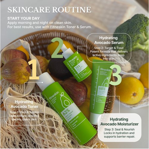 fitneskin Hydrating Avocado Moisturizer, 1.7 Fl Oz (50ml) – Avocado Fruit Water + Hyaluronic Acid, Vitamin B3 & Pro-Vitamin B5 – Creamy-Soft Barrier Hydration, Fragrance-Free, Vegan Korean Skincare