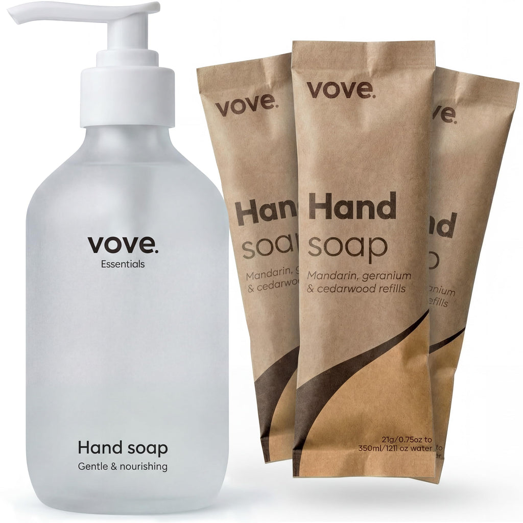 Vove Hand Soap Starter Set with Refillable Light Glass Pump Bottle & 3 Refills, Mandarin Geranium & Cedarwood, Powder-to-Gel with Aloe Vera & Cactus Extract, Plant-Based Formula, Plastic-Free