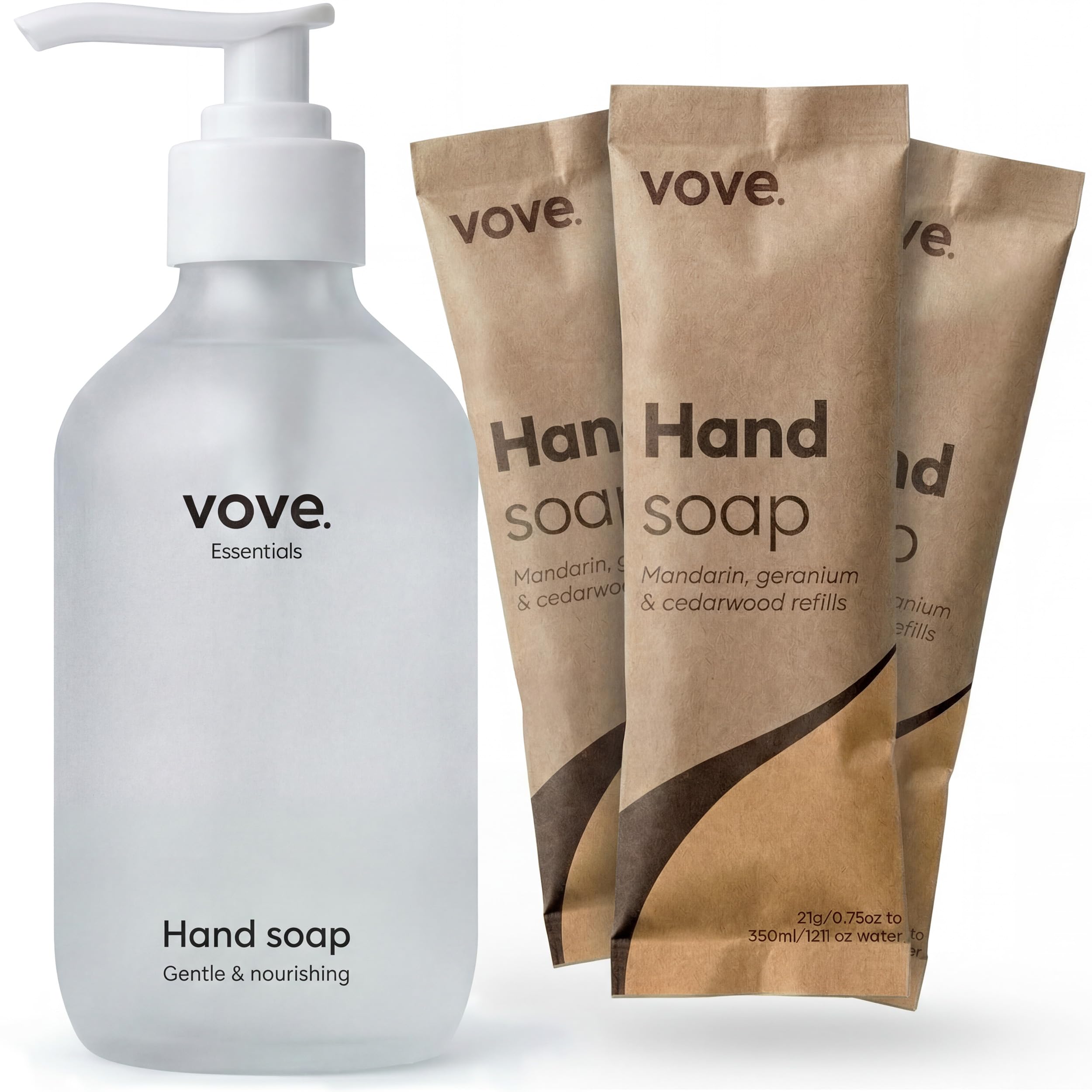 Vove Hand Soap Starter Set with Refillable Light Glass Pump Bottle & 3 Refills, Mandarin Geranium & Cedarwood, Powder-to-Gel with Aloe Vera & Cactus Extract, Plant-Based Formula, Plastic-Free