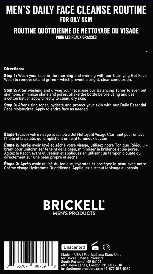 Brickell Men's Daily Face Cleanse - Oily Skin Gel Wash, Alcohol-Free Toner & Moisturizer | Natural & Organic