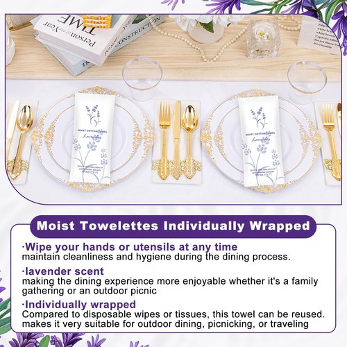 Moist Cotton Towel Bulk Moist Towelettes Individually Wrapped,White Towel Services,Refreshment Pre Moistened Towels for Dentist Travel Sport Party Hotel 100,Lavender