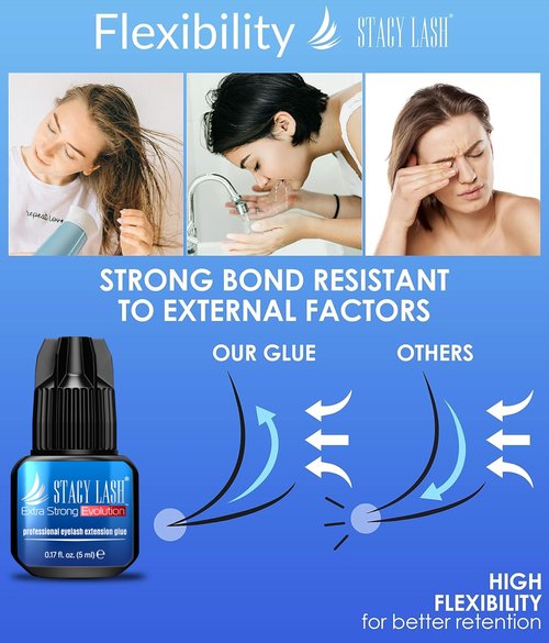 STACY LASH Extra Strong Evolution Eyelash Extension Glue (0.17fl.oz / 5ml) / 0.5-1 Sec Dry/Retention – 8 Weeks/Black Adhesive/Lash Tech Supplies + Glue Ring