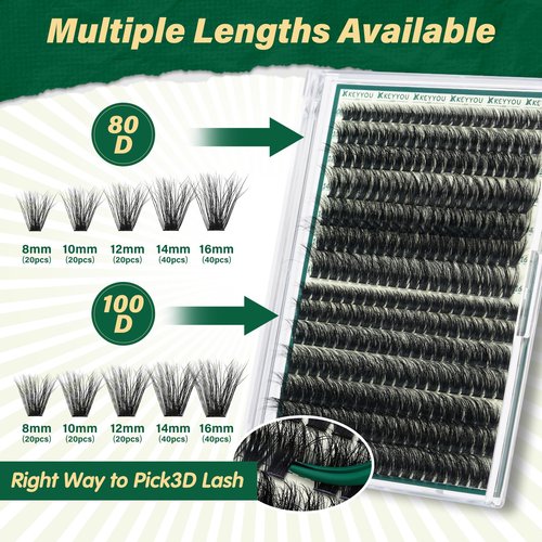 KEYYOU LASH 3D Effect lash Clusters Kit 80D100D 280pcs Eyelash Clusters Kit D Curl Individual Lashes Kit Wispy Lash Extensions Kit with Waterproof Lash Bond and Seal Tweezers (Lash Kit-8-16MIX)