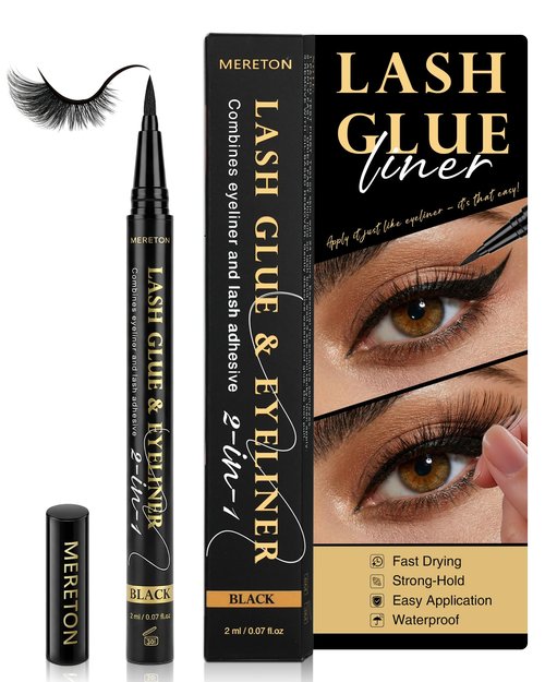 MERETON Lash Glue & Eyeliner Pen - 3-Second Quick Dry, 48H Waterproof, 2 in 1 Black Lash Adhesive for Strip Lashes, Long Lasting Strong Hold, Gentle for Sensitive Eyes (2ml / 0.07oz)