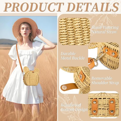 Skiennix Round Rattan Straw Bag - Handmade Cute Mouse Ear Wicker Purse | Crossbody Shoulder Handbag