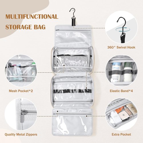 GOLF QUALITY Travel Toiletry Bag with Jewelry Organizer,Hanging Toiletry Bag Carry-on Puffy Cosmetic Make up Bag Organizer for Travel Accessories,Essentials,Toiletries,Apricot